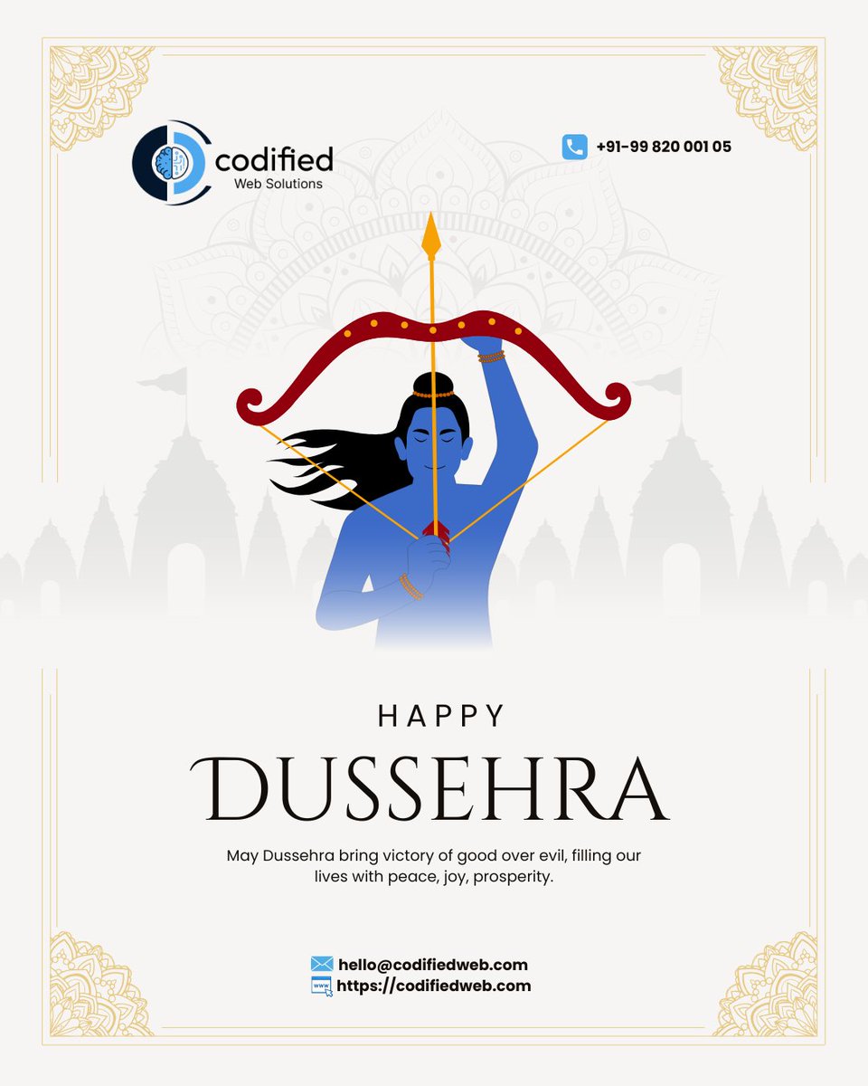CodifiedWeb's tweet image. ✨🔥 This Dussehra, let’s celebrate the victory of truth over lies, good over evil, and light over darkness.
May positivity always conquer negativity in our lives. 🚩💫
#HappyDussehra #VictoryOfGoodOverEvil #CelebratePositivity #CodifiedWebSolutions #FestivalVibes #GoodOverEvil