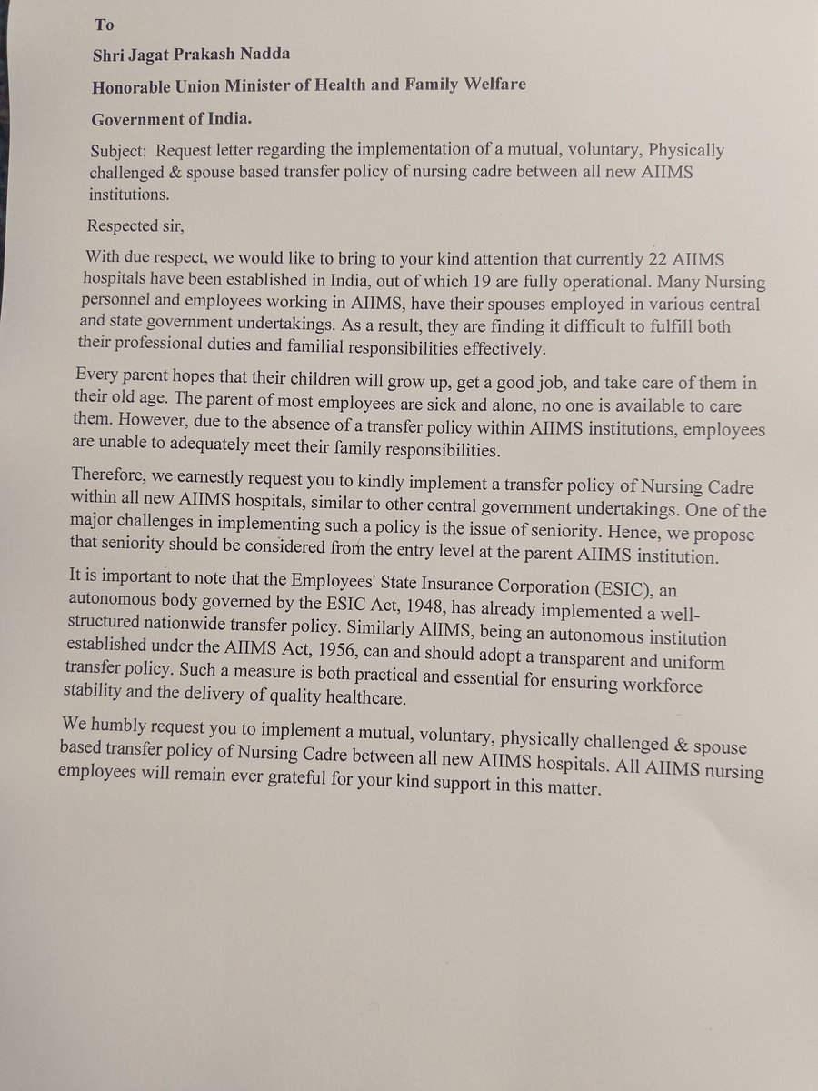 #tranferpolicyAIIMS
<a href="/AmitShah/">Amit Shah</a> <a href="/narendramodi/">Narendra Modi</a> <a href="/JPNadda/">Jagat Prakash Nadda</a> <a href="/MoHFW_INDIA/">Ministry of Health</a>
<a href="/AprajitaSarangi/">Aparajita Sarangi, MP,( Lok Sabha) Bhubaneswar</a> <a href="/AnupriyaSPatel/">Anupriya Patel</a>
<a href="/mpprataprao/">Prataprao Jadhav</a>
<a href="/AIIMSBhubaneswr/">AIIMS Bhubaneswar</a>
<a href="/aiimsrishi/">AIIMS RISHIKESH</a>
<a href="/rajnathsingh/">Rajnath Singh</a>
<a href="/tsrawatbjp/">Trivendra Singh Rawat</a>
Kindly start voluntary, mutual, spouse based transfer policy between all new AIIMS