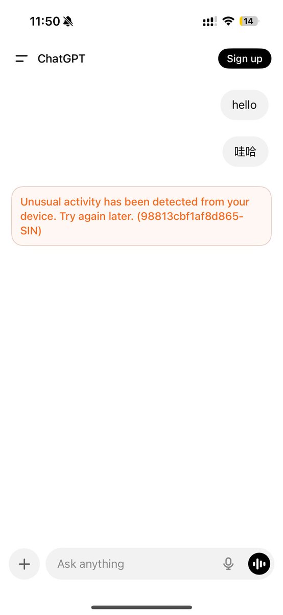 Hey <a href="/OpenAI/">OpenAI</a> I have an issue with ChatGPT. It seems like unusual activity has been detected from my device. Can you fix this please?  I tried everything your bot said
Here are all Informations:
IPhone model: 16
IOS current version: 18.5
chatgpt：1.2025.266 (18054103897)