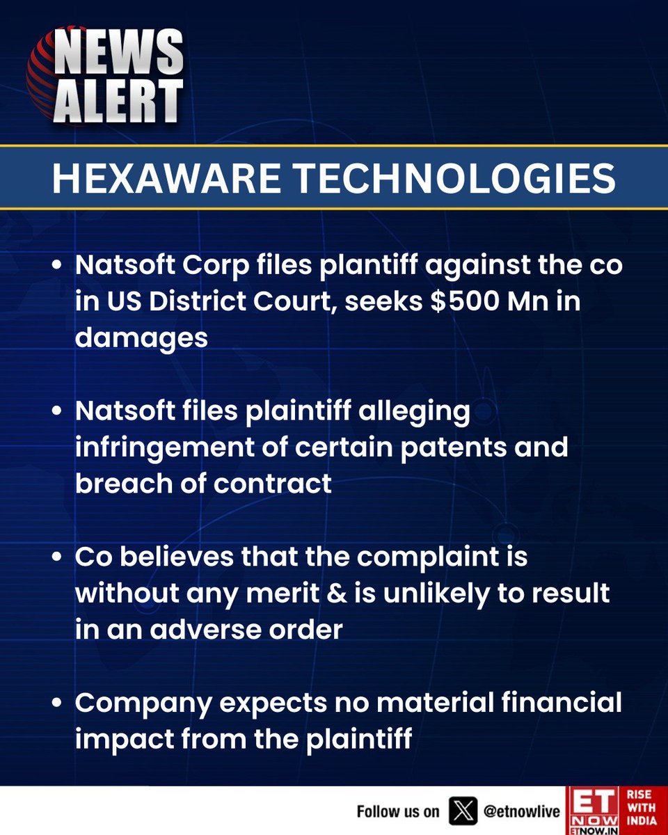 ETNOWlive's tweet image. #NewsAlert | Hexaware Technologies: Natsoft Corp files plantiff against the co in US District Court, seeks $500 Mn in damages
#HexawareTech #US #NatsoftCorp #StockMarket