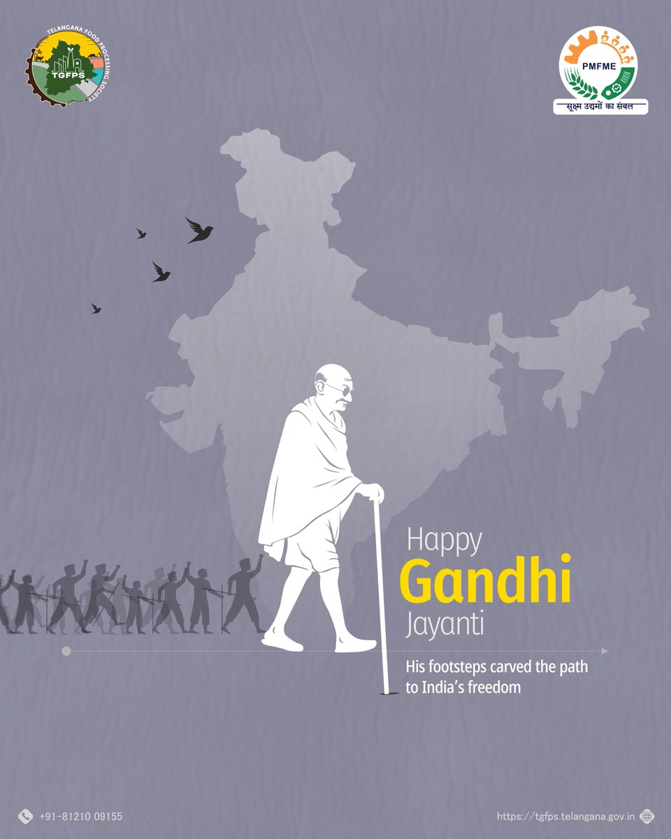 PmfmeTelangana's tweet image. Happy Gandhi Jayanti! 
Remembering the Father of the Nation on this day, a leader whose principles of truth and non-violence continue to guide the nation! 

#PMFME #Telangana #PMFMEScheme #MahatmaGandhi #RememberingGandhiJi #GandhiJi #FatherOfTheNation #LegacyOfAHero #October2…