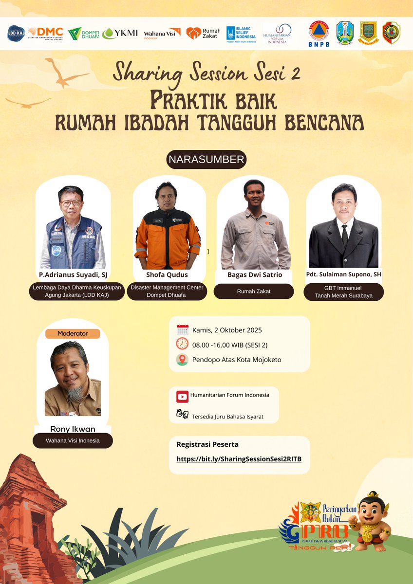 LOKAKARYA RUMAH IBADAH TANGGUH BENCANA dalam Peringatan Bulan PRB 2025

Sesi 2 : Praktik Baik RITB
Narasumber:
P. Adrianus Suyadi, SJ (LDD-KAJ)
Bagas Dwi Satriyo (Rumah Zakat)
Pdt. Sulaiman Supono, SH (GBT Immanuel)
Shofa Qudus (DMC DD)
Moderator: Rony Ikhwan (WVI)

#bulanprpb