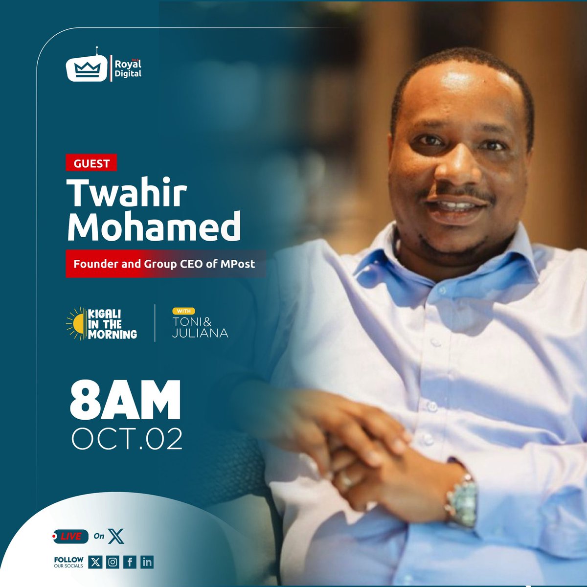 ePoBoxRwanda's tweet photo. Tune in to @RoyalFMRwanda in "Kigali in the morning" with Toni and Juliana today at 8AM as our CEO, @twahirmohamed7, discusses MPost’s journey, vision, and how we are transforming postal services across the continent. 

#MPost #RoyalFM https://t.co/9YXzpO75u3