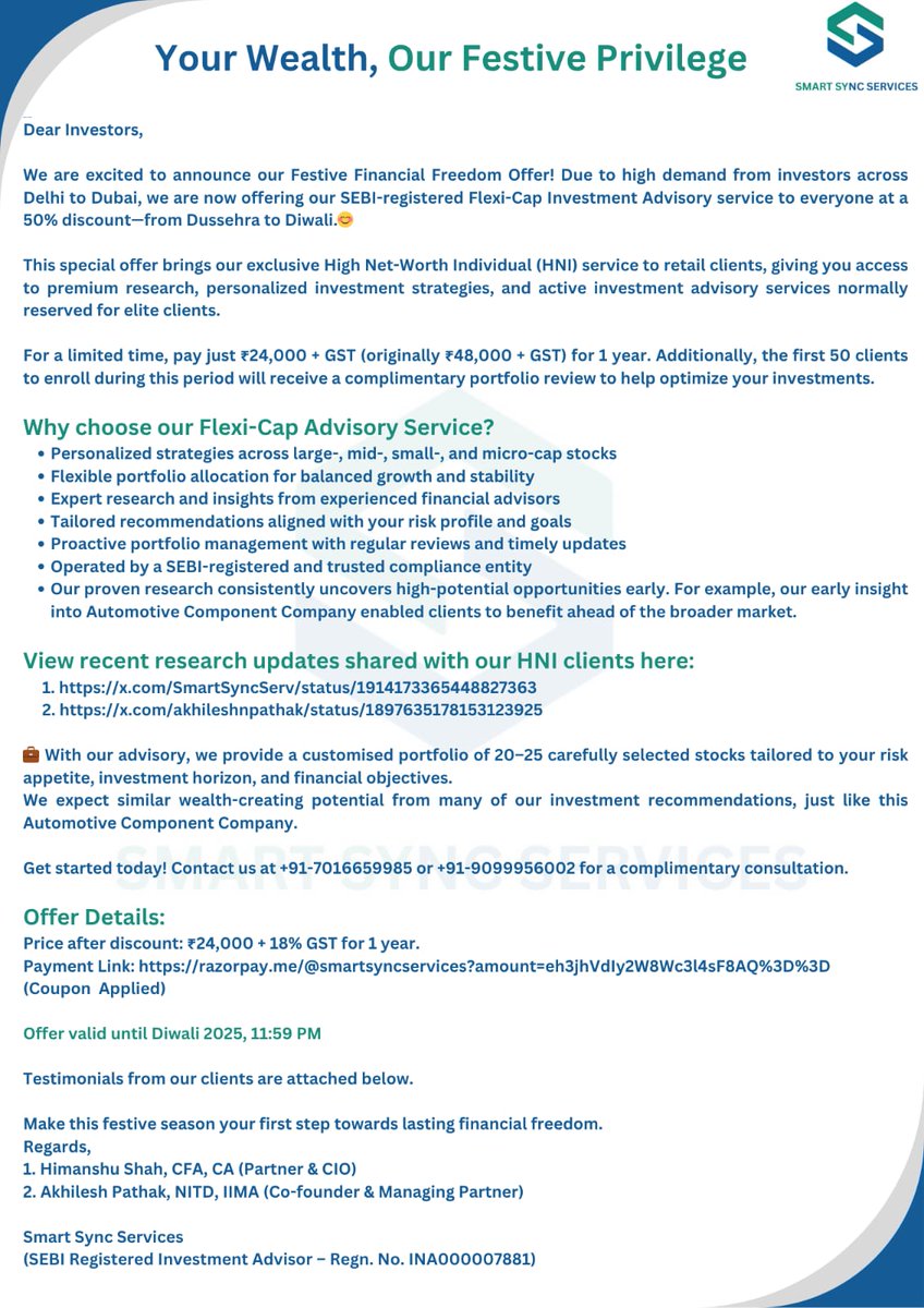 SmartSyncServ's tweet image. Dear Investors,
We are excited to announce our Festive Financial Freedom Offer! Due to high demand from investors across Delhi to Dubai, we are now offering our SEBI-registered Flexi-Cap Investment Advisory service to everyone at a 50% discount—from Dussehra to Diwali.😊
This…