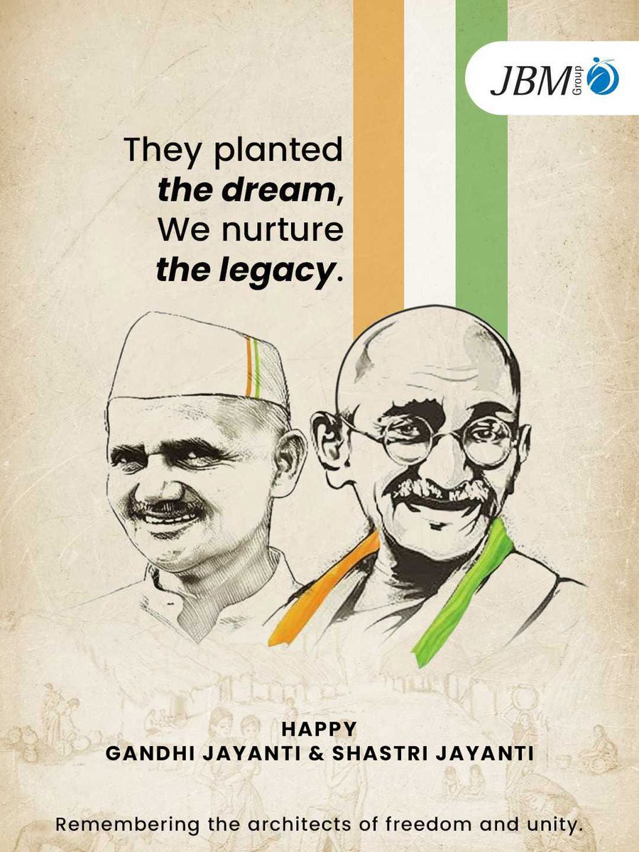 On Gandhi Jayanti and Lal Bahadur Shastri Jayanti, we honor two great leaders who integrated simplicity, truth, courage, and progress into the fabric of our nation, inspiring generations to follow their path.

 #GandhiJayanti #ShastriJayanti #JBMGroup #Leadership #Inspiration