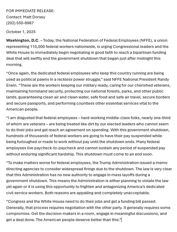 With this shutdown, federal employees are being used as political pawns. Worse, the Trump Administration issued a memo directing agencies to consider firing feds due to the shutdown, which is blatantly illegal. Congress: Do your job! The American people deserve better than this.”
