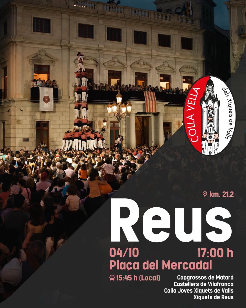 Diada del Mercadal !

🗓️ 04/10
📍 Plaça del Mercadal (Reus)
⌛ Actuació - 17.00 h
🚍 Autobus - 15.45 h
👥 <a href="/capgrossos/">Capgrossos de Mataró</a> , <a href="/Verds/">Castellers de Vilafranca</a> , <a href="/xiquets/">Xiquets de Reus</a> , <a href="/JovesValls/">Colla Joves Xiquets de Valls</a> 

#castells #collavella