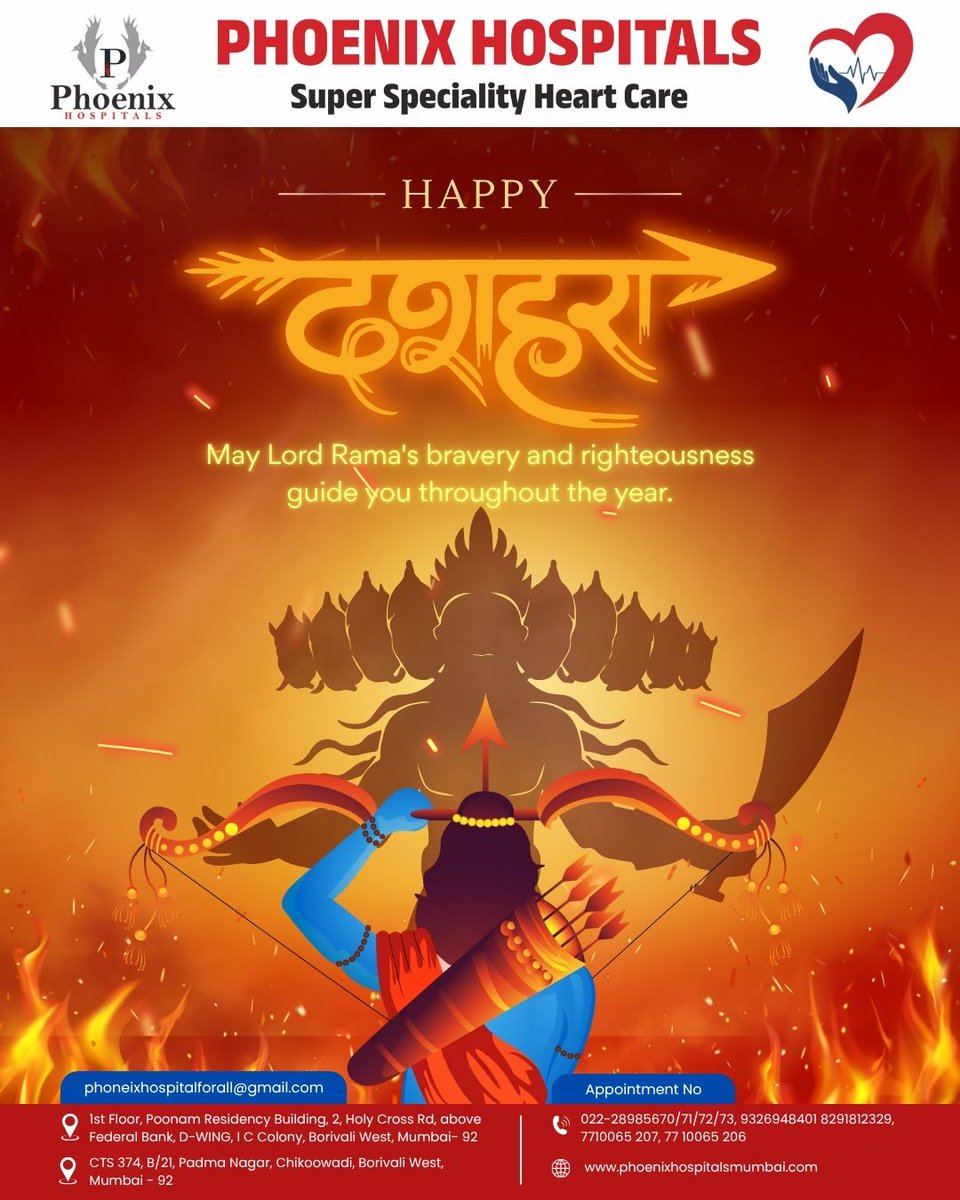 PhoenixHosp's tweet image. This Dussehra, let’s celebrate the triumph of good health, courage, and righteousness.
Phoenix Hospitals wishes you strength, happiness, and well-being always.

#happydussehra #phoenixhospitals #healingwithcare #healthandhappiness #dussehrafestival #celebratinghealth