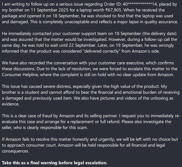 Devraj_Rathore2's tweet photo. @amazonIN @AmazonHelp @amazon
My issue is still not solved. Ordered a laptop on 11 Sept (delivered 18 Sept) but got only a dead shell – no inner parts, no accessories.

Requesting urgent action from leadership.
@ajassy @AmitAgarwal 

#AmazonScam #AmazonFail #ConsumerRights https://t.co/xdgx4svSym