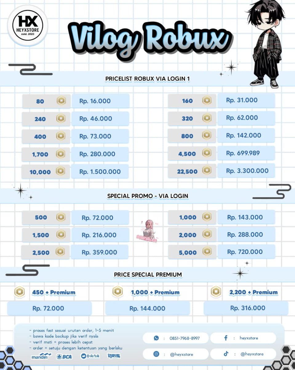 heyxstore's tweet image. Mau beli Robux murah tapi aman?
Sekarang gak perlu bingung lagi ✨

🔥 Promo Spesial
✅ Harga lebih hemat dari top up langsung
✅ Proses cepat &amp;amp; aman 100%

📷 Pricelist lengkap ada di gambar ya~
📩 Langsung order aja

#TopUpRobux #RobuxMurah #TopUpRoblox #RobloxIndonesia #Roblox
