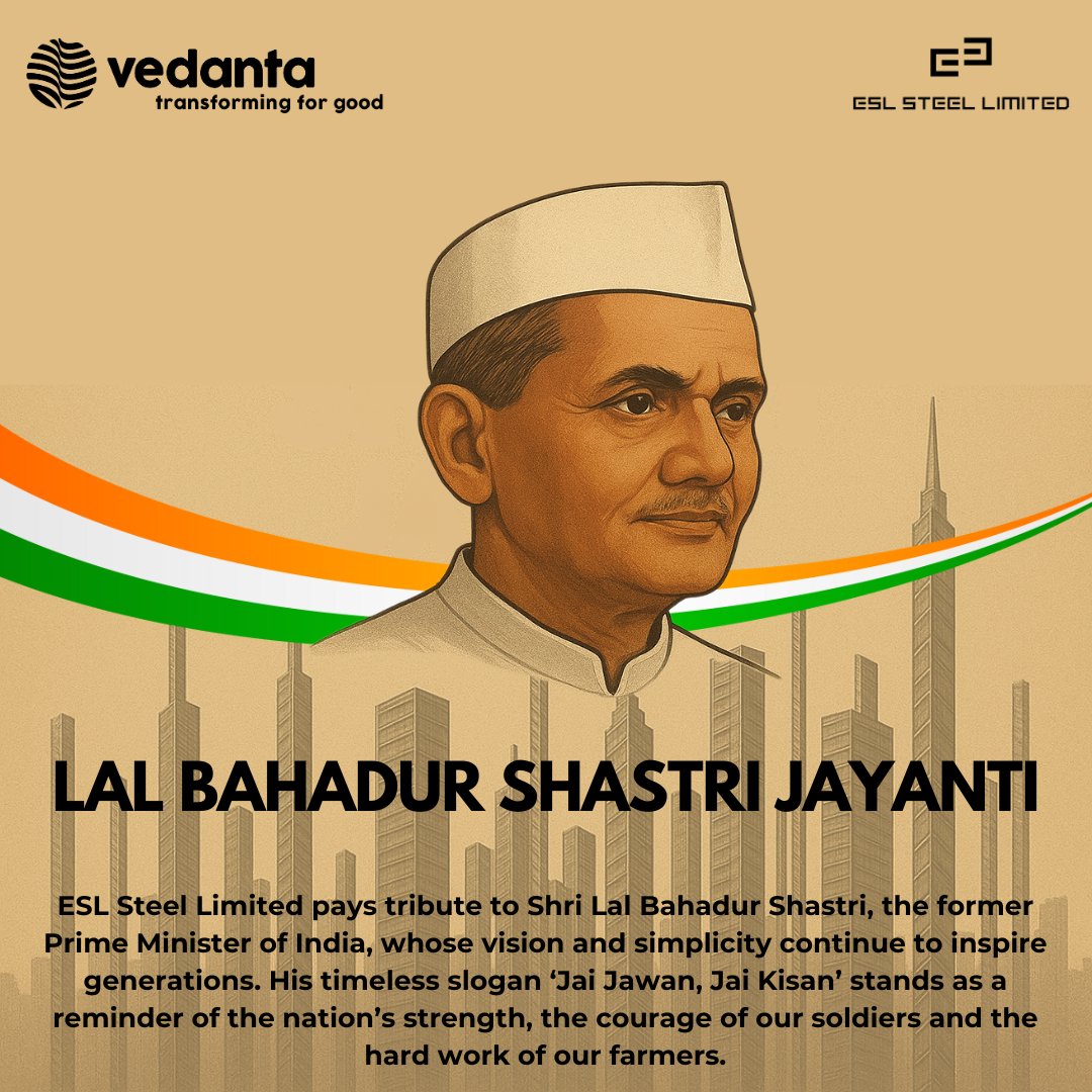ESLSteelLimited's tweet image. #ESLSteelLimited pays tribute to Shri Lal Bahadur Shastri, a leader whose simplicity, integrity, and vision continue to inspire India. 

#DeshKiZarooratonKeLiye #SteelForGenerations #Jharkhand #BulandJharkhand #BehtarBokaro #TransformingForGood #Vedanta