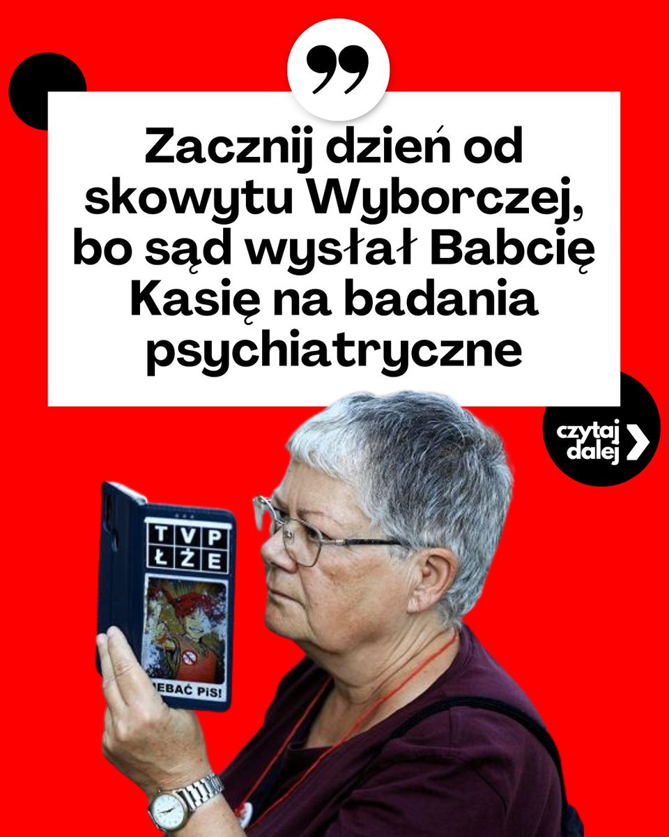 Lemingopedia's tweet photo. Proszę Państwa! Nie wiem jak Wy, ale ja tam lubię przeczytać sobie jakiś skowyt Wyborczej o poranku, bo to oznacza, że w kraju nad Wisłą coś przypadkiem poszło tak, jak powinno.

Stało się! Babcia Kasia – ikona ulicznej rewolucji, święta patronka gwizdka i blokowania miesięcznic, ulubienica "Wyborczej", ekspertka TVN-u i Wysokich Obcasów – ma stawić się na badania psychiatryczne. I powiedzmy sobie szczerze: wszyscy od dawna myśleli to samo, tylko nikt nie miał odwagi powiedzieć głośno.

Gazeta Wyborcza rozpoczyna lament od przypomnienia, kim to żądło jest. Otóż z uznaniem pisze, że w 2021 r. Augustynek została uhonorowana przez Wysokie Obcasy specjalną nagrodą "Superbohaterki" za obronę demokracji, bo "protestuje zawsze , gdy łamane są prawa człowieka".  I to widocznie ich zdaniem ma sens. Bo jak Babcia Kasia kogoś gryzie bo ma inne poglądy, to oczywiście łamane są prawa człowieka, ale jednocześnie już w tym momencie ona jest na proteście przeciwko temu. To jest sens ukryty tak głęboko, że ja go nie widzę.

Wyborcza zrobiła z niej Matkę Teresę polskiej demokracji – że filigranowa staruszka o kulach, której jedyną bronią jest gwizdek, w życiu by nikogo nie skrzywdziła. A potem w przypisach podaje, że ma 160 spraw sądowych, 50 zarzutów karnych za znieważanie policjantów i naruszanie nietykalności. Ale nie, przecież to niemożliwe – bo przecież Babcia Kasia "nie bije, tylko gwiżdże". Policjanta pewnie sama grawitacja znieważyła, jak próbował jej ten gwizdek wyjąć z ust.

A przecież każdy, kto widział ją na żywo, doskonale pamięta: nie żadna babuleńka z różańcem, tylko wściekłe, podłe urwisko, którego styl bycia ma w sobie więcej agresji niż niejeden kibicowski sektor.

Wy widzieliście, ale Czytelnik Gazety Wyborczej to ktoś, kto prawdę objawioną dostrzega tylko w formie liter i dlatego michnikoidy przygotowały taki fragment tekstu, który cytuję Wam w całości, bo autora też bym na takie badanie wysłał: "Jak poinfomowała nas Babcia Kasia powodem jest jej udział w demonstracji 18 października 2022 r. w Krakowie, tzw. wawelnicy. Co miesiąc na pamiątkę pochówku Marii i Lecha Kaczyńskich na Wawelu do Krakowa przyjeżdża prezes Jarosław Kaczyński, w czasach PiS w licznej obstawie prawicowych dygnitarzy i siłowników. Tam też, podobnie jak w Warszawie podczas miesięcznic protestowała opozycja uliczna. Babcia Kasia dostała zarzuty karne z art. 222 (naruszenie nietykalności cielesnej funkcjonariusza publicznego) i art. 226 (znieważenie tegoż). - Według oskarżenia pobiłam i znieważyłam policjanta - tłumaczy Babcia Kasia. Jeśli ktoś choć raz widział Babcię Kasię na żywo, ten wie, że szczególnie pierwszy zarzut jest absurdalny, bo Babcia Kasia to filigranowa seniorka, dziś z trudem poruszająca się o kulach.". Kurtyna.

A właściwie czego się boją w Wyborczej? Co ich tak bardzo niepokoi? Oni proszę Państwa oburzają się, że badania psychiatryczne "deprecjonują opozycję uliczną". A może jednak oni mają pełną świadomość, kim w rzeczywistości jest ta opozycja uliczna i wyda się, że wykorzystują tych ludzi przez wiele lat do swoich celów, zamiast odesłać na galaretkę do właściwego szpitala. Chyba, że uznajemy za normalne, że Babcia Kasia poszła na spacer i pogryzła wolontariusza.

I tu właśnie dochodzimy do sedna. W Polsce od lat mamy teatr, w którym staruszka z gwizdkiem rwąca się do bójki jest tylko elementem większej rozgrywki. Bo kto jest pełnomocnikiem i obrońcą Babci Kasi? Jerzy Jurek, kontrowersyjny adwokat, a jednocześnie członek Platformy Obywatelskiej. Przypadek? Nie przypadek. Tu każdy ma swoje zadania.

A redaktorzy "Wyborczej" są chórem greckim, który za każdym razem powtarza tę samą pieśń: "to święta, to bohaterka, to nasza ikona!". Tylko że kiedy zasłona opada, nie zostaje żaden mit, żadna legenda, żaden fresk o demokracji - tylko kobieta, która ma kilkadziesiąt zarzutów karnych, a teraz idzie na badania psychiatryczne.

I nagle widać, że problem nie jest w Babci Kasi, lecz w całym mechanizmie: w kraju, w którym agresję przebiera się w kostium bohaterstwa, a chamstwo nazywa "walką o prawa człowieka".

I to jest może największa diagnoza – nie dla Babci Kasi, ale dla nas wszystkich. Że zamiast realnych autorytetów, zamiast powagi, zamiast prawdy, system III RP funduje swoim wiernym "święte ikony protestu". Przecież to gołym okiem widać, kto tu naprawdę potrzebuje badań na Sobieskiego.

💬 Jeśli wysłałbyś na badania całą tę hałastrę i w końcu zrobiłoby się nieco normalniej:
👉 Postaw kawę: https://t.co/8NPL5yAO8g
👉 Patronuj: https://t.co/2PRgv0waFs

Dziękuję za każde wsparcie! Wspólnie budzimy świadomość Polaków!