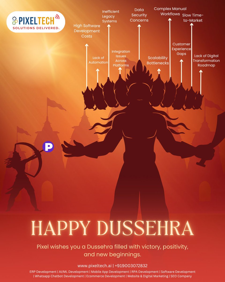 PixelTech_ai's tweet image. Happy Dussehra from PixelTech!
Just as Lord Rama triumphed over Ravana, we believe in overcoming modern-day challenges like legacy systems, security concerns
#HappyDussehra #Dussehra2025 #SolutionsDelivered #DigitalTransformation