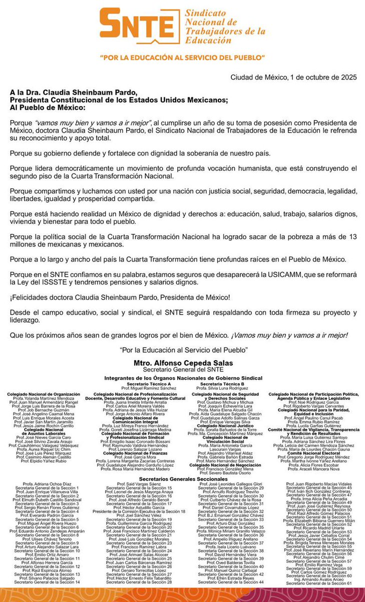 A un año de la histórica toma de protesta de la Dra. <a href="/Claudiashein/">Claudia Sheinbaum Pardo</a> como la primera Presidenta de México, el #SNTE y su Srio. Gral. Mtro. Alfonso Cepeda reiteran su compromiso con la transformación que encabeza la mandataria Vamos bien y vamos a ir mejor bit.ly/4gOylOx