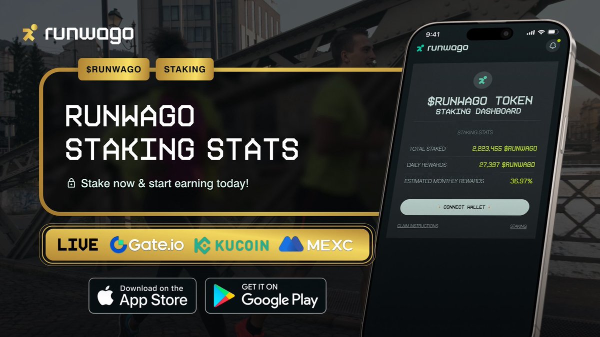 's tweet image. #Runwago aims to change #running for over 300M Web2/3 runners with a simple, user-friendly run-to-earn app.👑
📲Available on iOS &amp;amp; Android
⌚️Fully integrated with @Garmin 
🏃‍♀️Run and Earn - thats  how simple it is
♻️100% self sustainable model
📈Buy, stake, run and profit