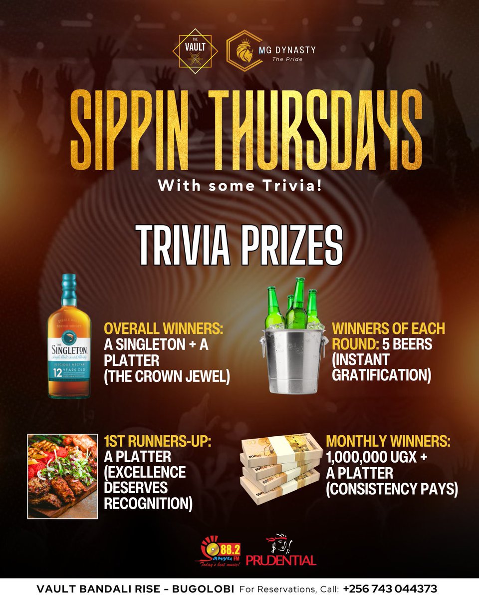 Tonight at 8 PM, join <a href="/kanyindo/">Siima Kyakuhaire</a> and Sandra Teta for a thrilling Quizzin’ &amp; Sippin’ showdown at <a href="/VaultUg/">VAULT UG</a>! Brace for an epic evening packed with fun, brain-teasing quizzes, and awesome prizes waiting to be won!

—<a href="/882SanyuFM/">88.2 Sanyu FM</a>, <a href="/MGDynasty256/">MG Dynasty</a>, <a href="/PrudentialUG/">Prudential Uganda</a>.