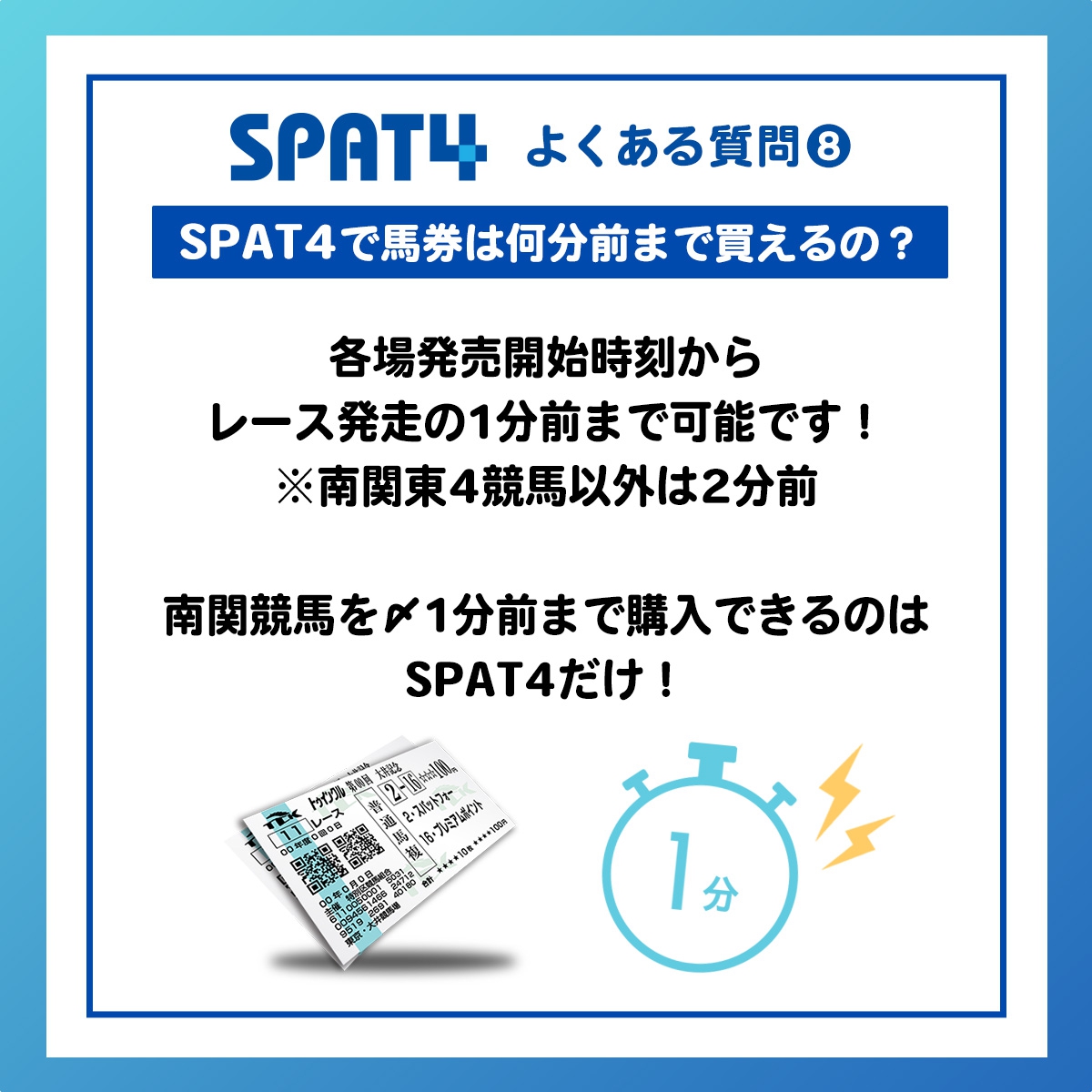 ［SPAT4のよくある質問⑧］
Q.SPAT4で馬券は何分前まで買えるの❓

各場発売開始時刻からレース発走の1分前⏰
(※南関東4競馬以外は2分前)まで可能です❗️

南関競馬を〆切1分前まで購入できるのは #SPAT4 だけ！

#浦和競馬 #船橋競馬 #大井競馬 #川崎競馬