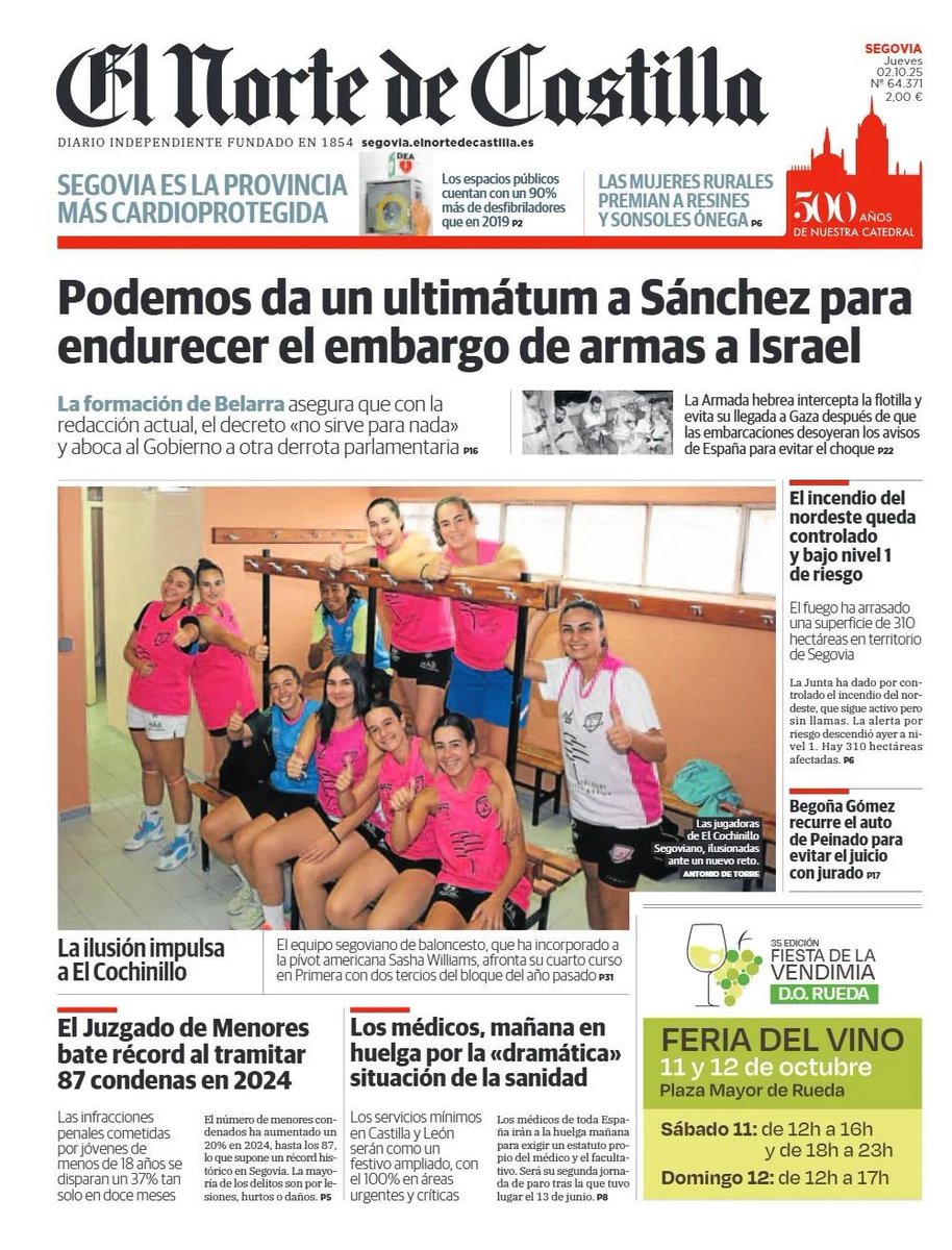 Buenos días. Os dejamos la portada de hoy de la edición  impresa de El Norte de Castilla #Segovia