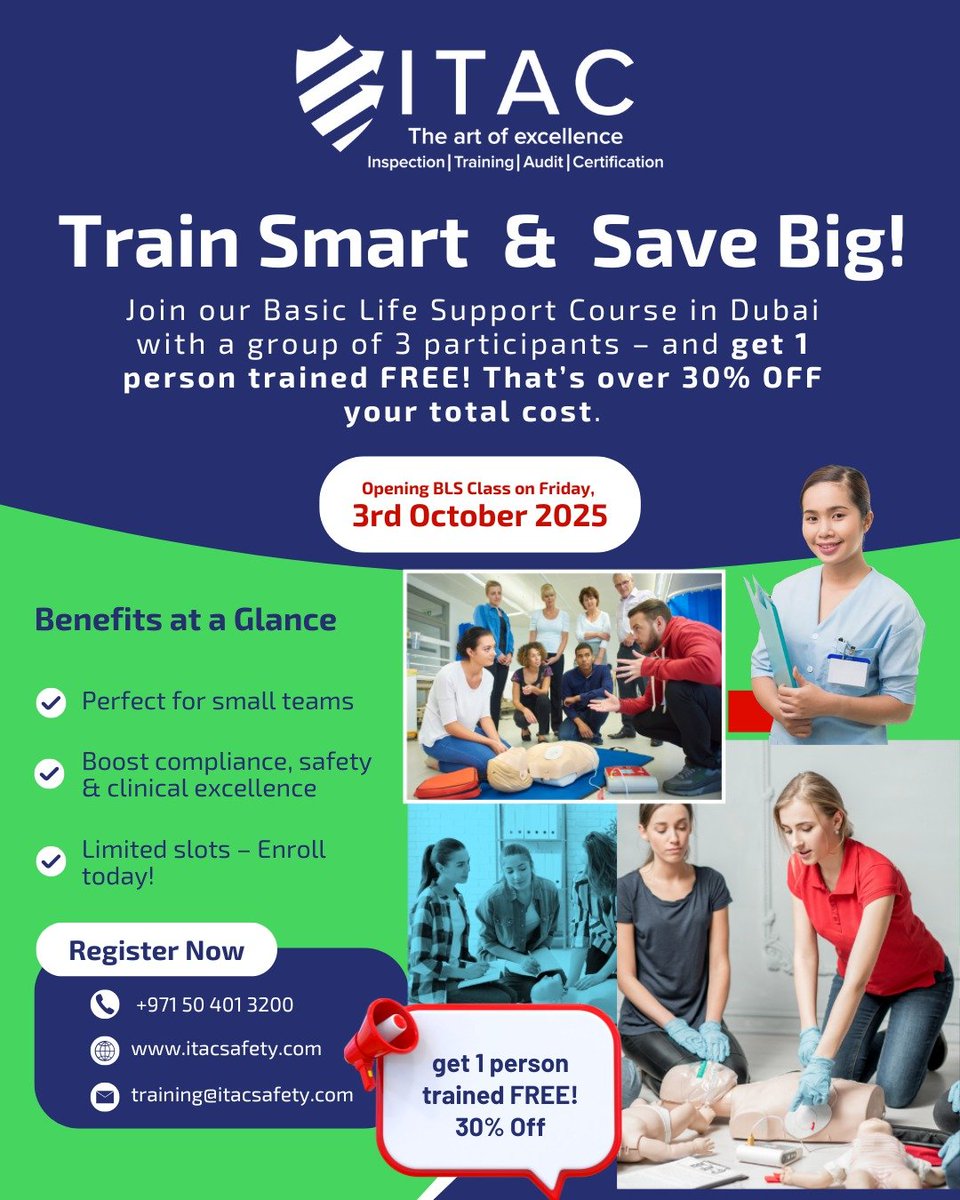 ItacSafety's tweet image. 🚑Join our Basic Life Support (BLS) Course in Dubai with a group of 3 participants – and get 1 person trained FREE!
📞 +971 50 401 3200
✉️ training@itacsafety.com
🌐 itacsafety.com
#BasicLifeSupport #BLSTraining #ITACSafety #Dubai #UAE #Sharjah #AbuDhabi