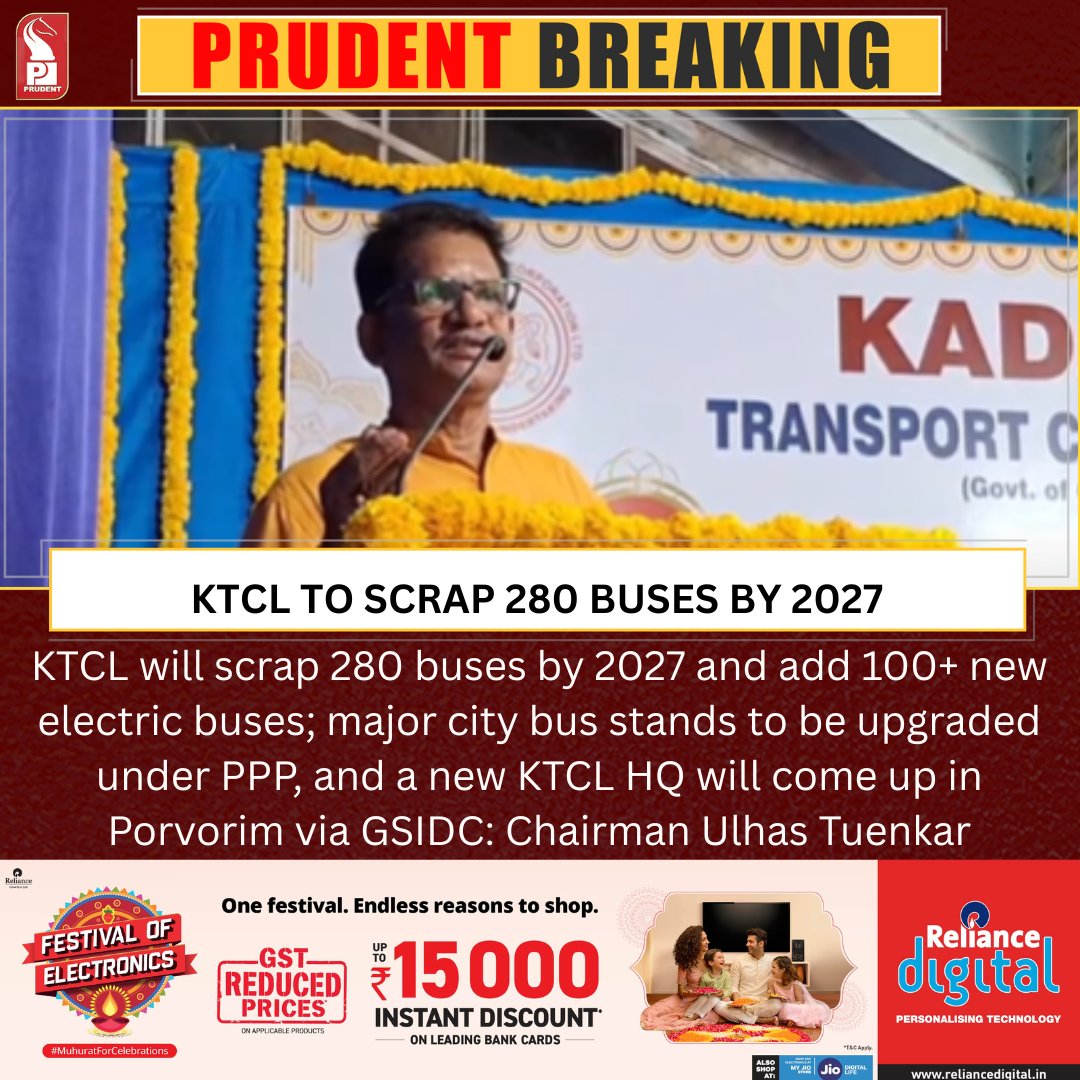 prudentgoa's tweet image. KTCL will scrap 280 buses by 2027 and add 100+ new electric buses; major city bus stands to be upgraded under PPP, and a new KTCL HQ will come up in Porvorim via GSIDC: Chairman Ulhas Tuenkar

#Goa #KTCL #News #Breaking @UlhasTuenkar