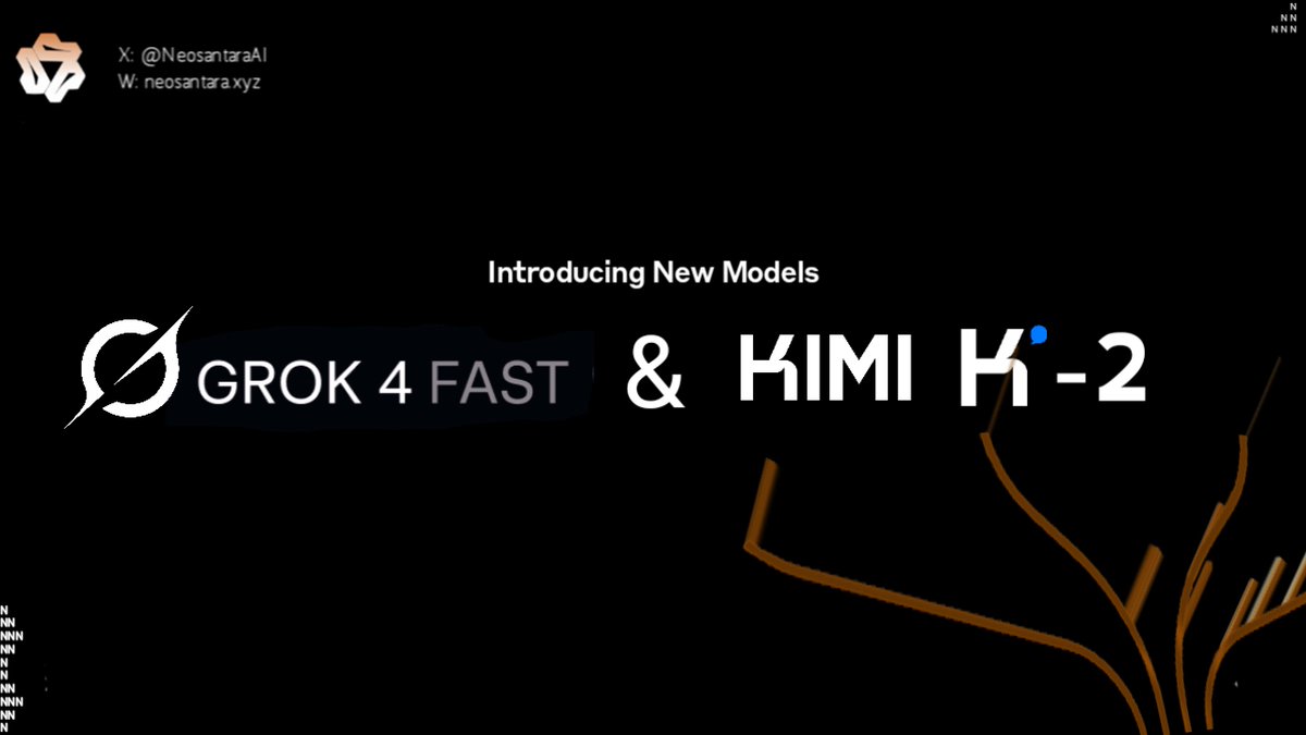 NeosantaraAI's tweet image. Introducing Grok 4 Fast &amp;amp; Kimi K2 at Neosantara AI

Integrate your apps with Neosantara now! and use @grok /@moonshot  models APIs for free 🚀

signup: app.neosantara.xyz/signup

Want learn more about Neosantara AI?
visit: docs.neosantara.xyz/en/about

#AI, #Grok, #DeveloperCommunity