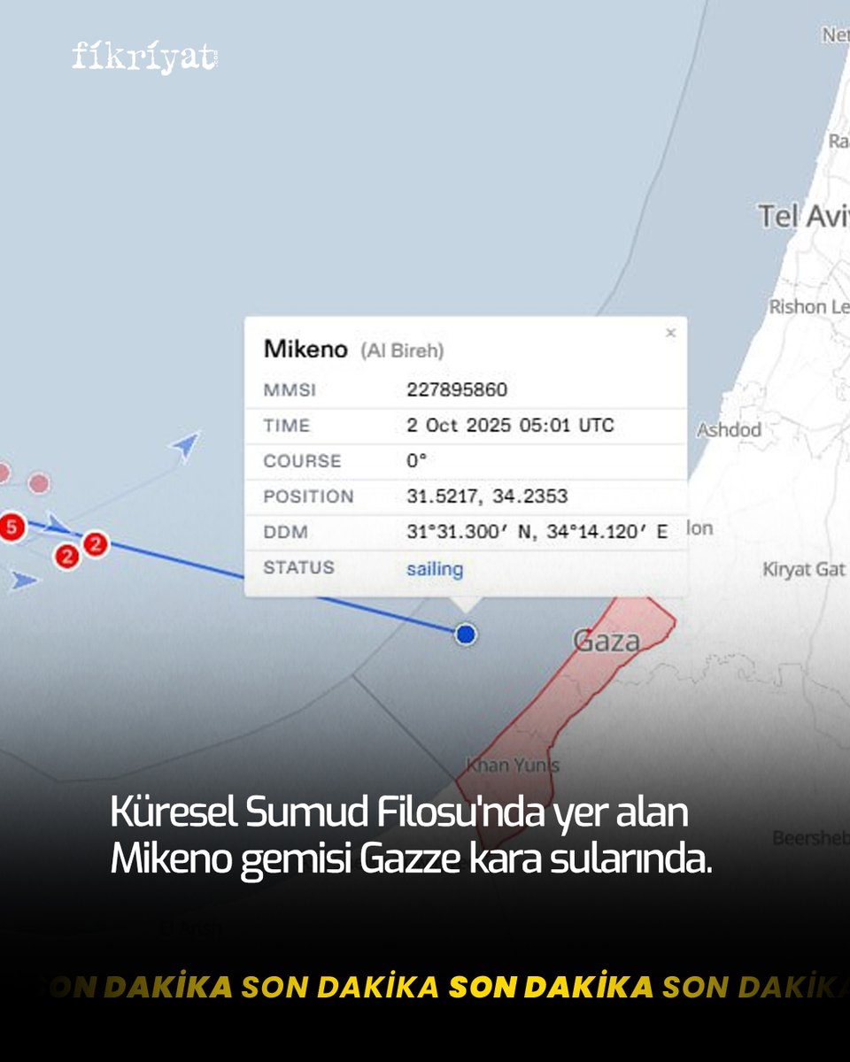 fikriyatcom's tweet image. 🔴SON DAKİKA 

Küresel Sumud Filosu&apos;nda yer alan Mikeno gemisi Gazze karasularına girdi.