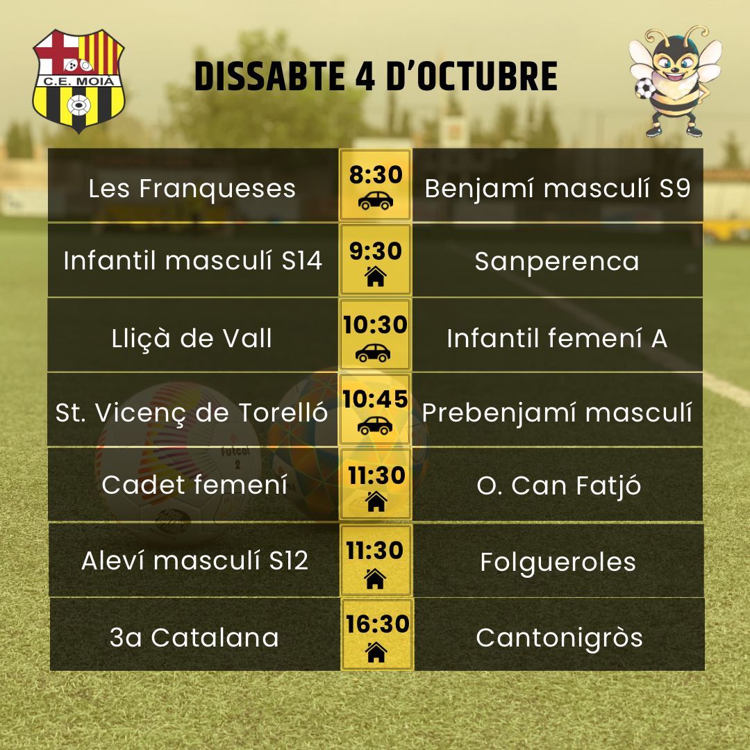 cemoia1922's tweet photo. ⚽️HORARIS CAP DE SETMANA⚽️
Som-hi Moià! 💛🖤
#somhimoià #futbol #moià #fcf #futcat #futfem #futbase #moianès https://t.co/A9XKroF1HL