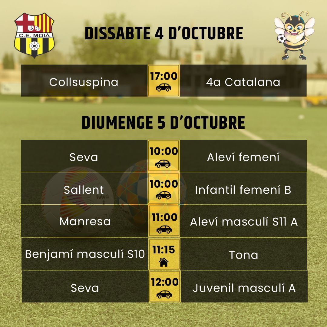 cemoia1922's tweet photo. ⚽️HORARIS CAP DE SETMANA⚽️
Som-hi Moià! 💛🖤
#somhimoià #futbol #moià #fcf #futcat #futfem #futbase #moianès https://t.co/A9XKroF1HL