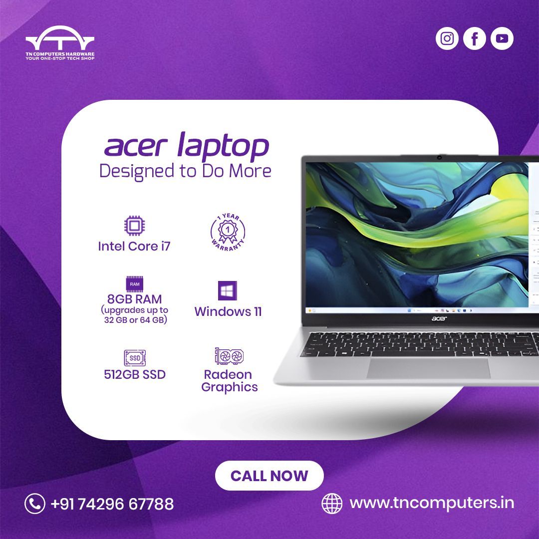 Tncomputerstech's tweet image. 🚨 New Drop from TN Computers!
💻 Acer Laptop – Designed to Do More
✅ i7 Processor
✅ 8GB RAM (Upgradable)
✅ 512GB SSD
✅ Radeon Graphics
✅ Windows 11
✅ 1-Year Warranty

🛒 Buy now: tncomputers.in
📞 Call: +91 74296 67788

#LaptopDeals #AcerIndia #TechUpgrades