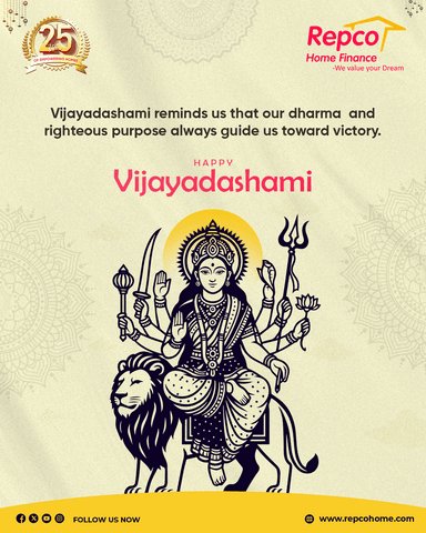 RepcoHome's tweet image. Vijayadashami reminds us that following our dharma and staying true to our purpose leads to victory. May this auspicious day bring courage, faith, and happiness to your life. Wishing you a blessed Vijayadashami! 

#RHFL #RepcoHome  #WeValueYourDream #Vijayadashami2025