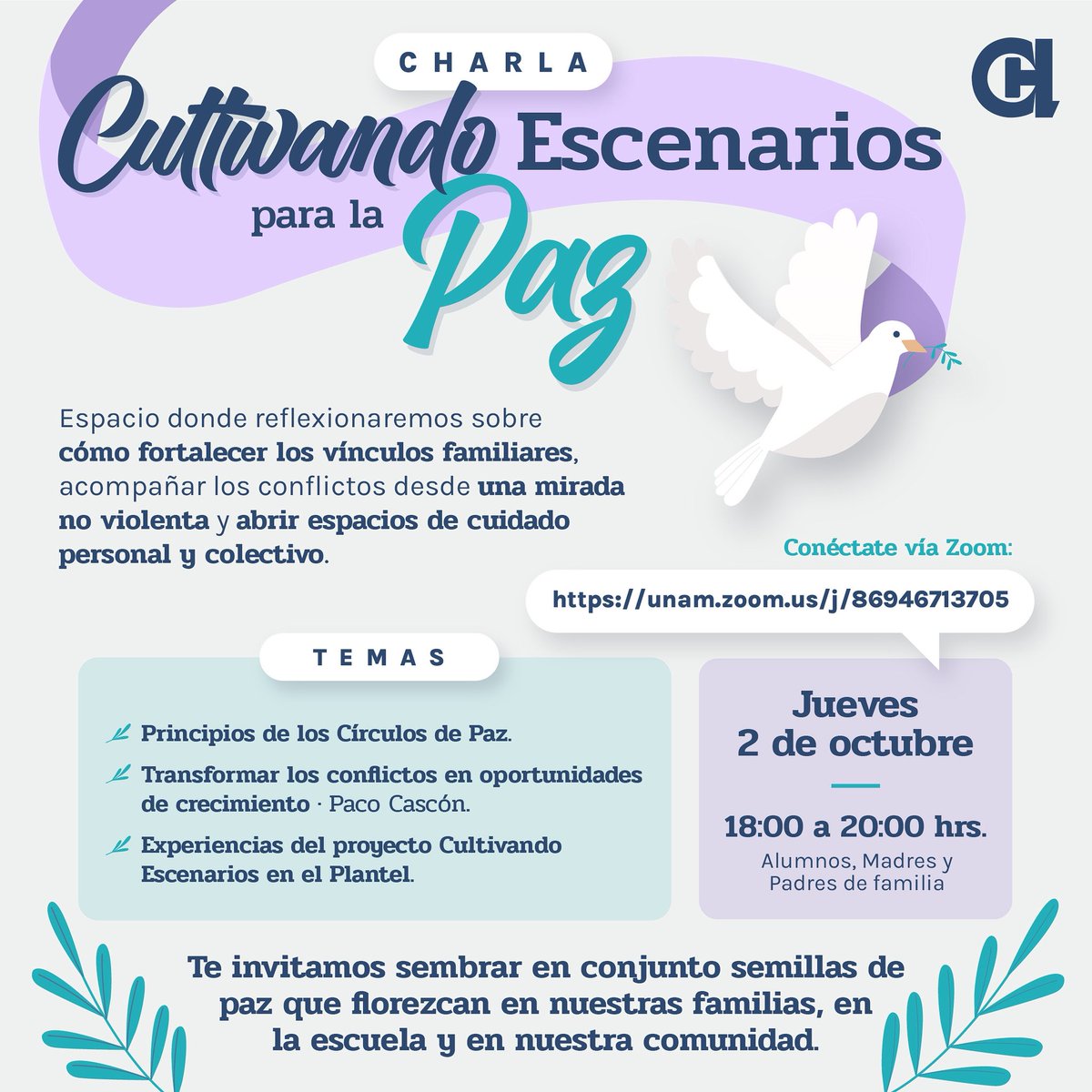 CCHAzcapoUNAM's tweet image. ¡A toda nuestra comunidad! 🤩
Los invitamos a la charla en línea Cultivando escenarios para la paz 🕊
📆 Mañana jueves 2 de octubre 
🕧 en punto de las 18 horas

Enlace: unam.zoom.us/j/86946713705
