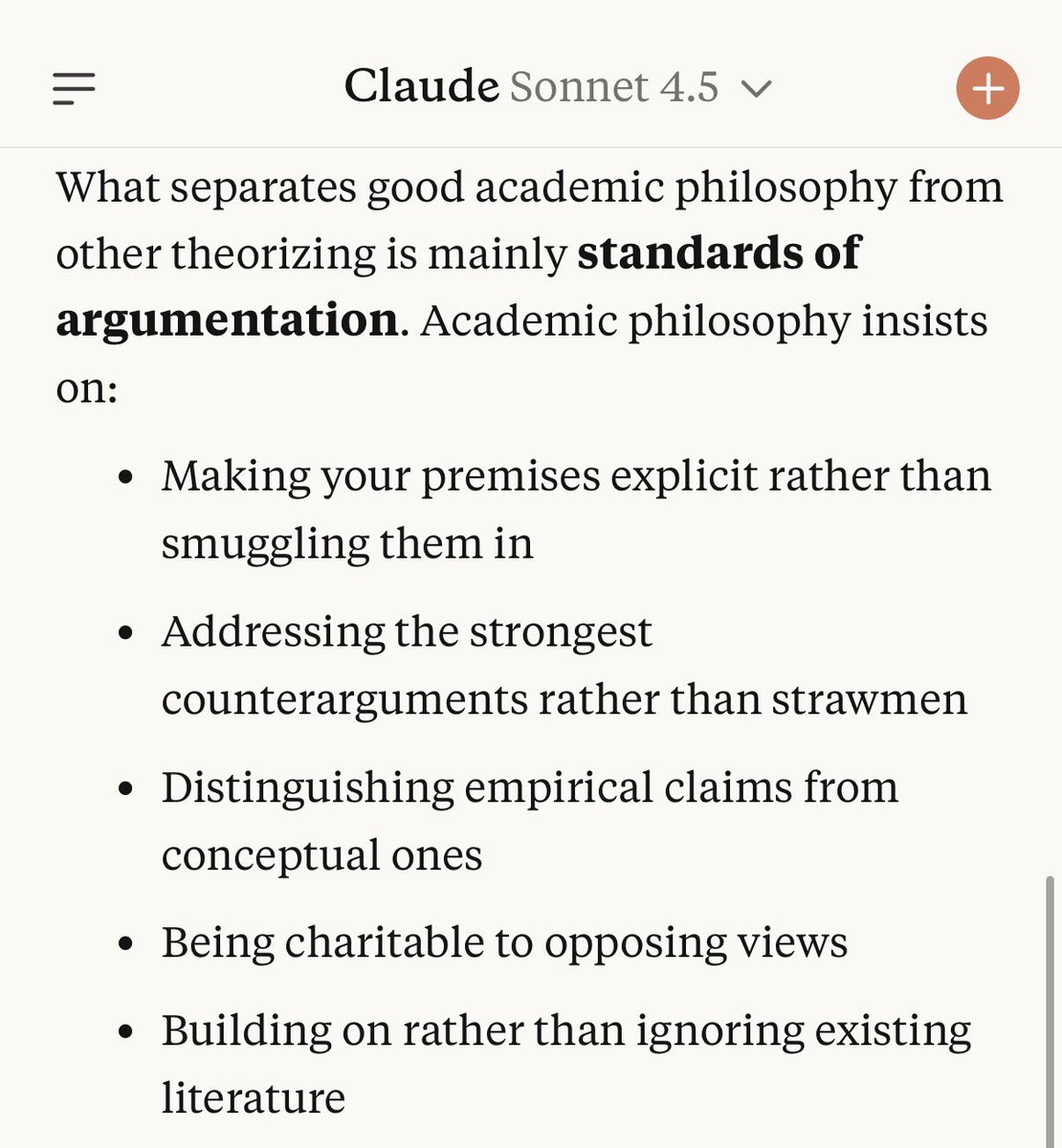 I liked Sonnet 4,5's answer to what makes good philosophy: