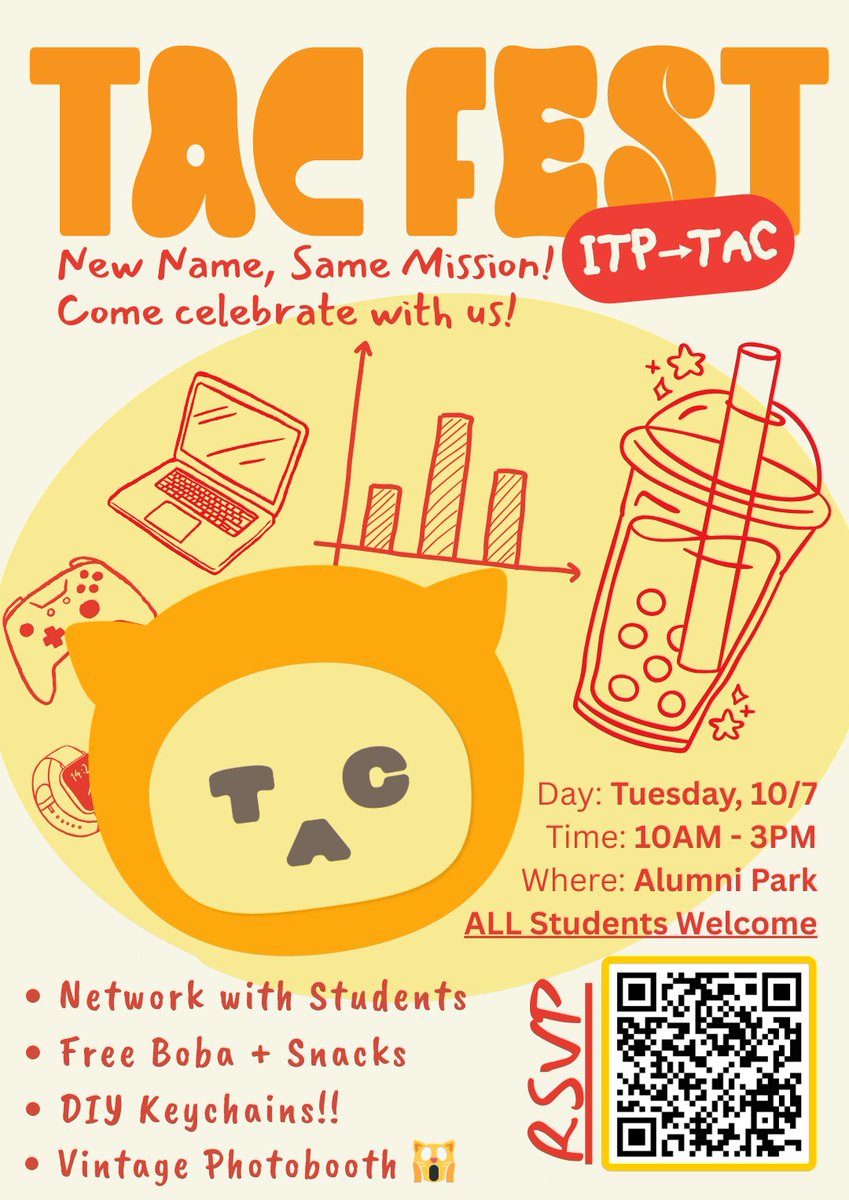 TAC invites you to TAC Fest 2025! This on-campus launch event celebrates our new brand and expanded offerings. 

All USC students and alumni are welcome—bring friends! Enjoy FREE snacks, games, music, giveaways, and more.

RSVP Today! lnkd.in/gaCNuASW