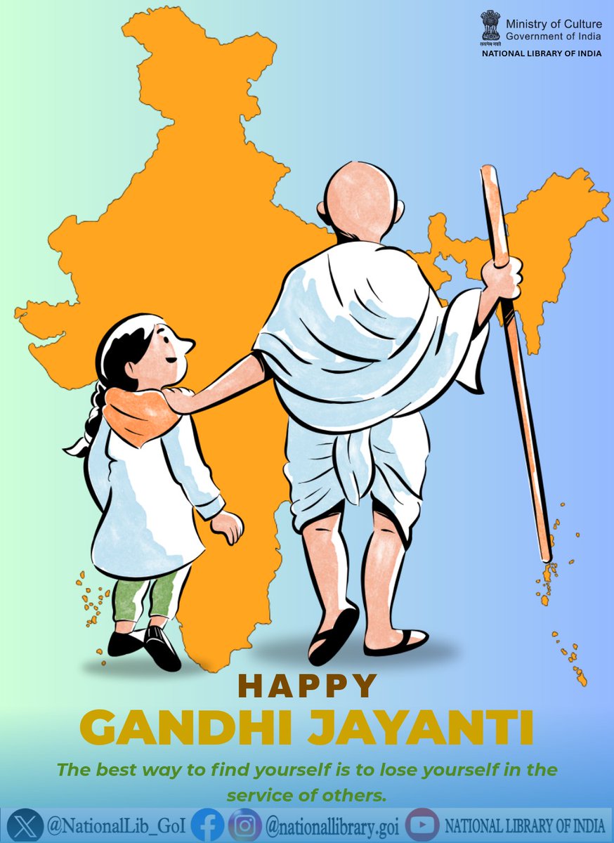 On #GandhiJayanti, the National Library of India pays tribute to the Father of the Nation, Mahatma Gandhi. His ideals of truth, peace, and non-violence continue to guide generations. Let us strive to build a just, compassionate, and enlightened society. 🙏📚🇮🇳