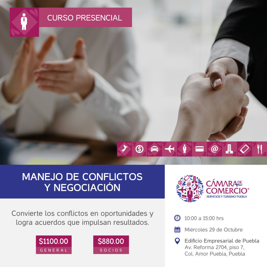 🤝 Curso presencial: Manejo de Conflictos y Negociación

Aprende a transformar los conflictos en oportunidades de crecimiento y a lograr acuerdos efectivos que impulsen los resultados de tu empresa. 🚀

📅 Miércoles 29 de octubre
🕙 10:00 a 15:00 hrs
📍 Edificio Empresarial de