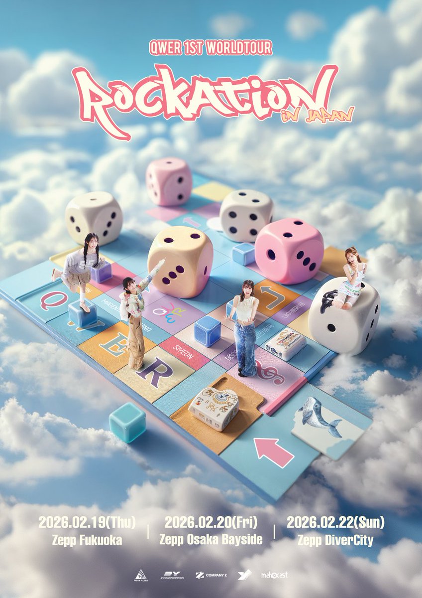 mahocast_officl's tweet photo. 🧭 QWER 1ST WORLD TOUR <ROCKATION> in JAPAN 🧭

／
QWERの初・日本ツアー開催決定💕
＼

10月11日(土)より一般チケット応募受付開始！

[FUKUOKA]
📅2026.2.19 (THU) 7PM
📍Zepp Fukuoka

[OSAKA]
📅2026.2.20 (FRI) 7PM
📍Zepp Osaka Bayside

[TOKYO]
📅2026.2.22 (SUN) 6PM
📍Zepp DiverCity

🎲 MORE INFO 🎲
🔗https://t.co/GiQRcg2J3F

#QWER
#ROCKATION #ROCKATIONinJAPAN
#쵸단 #CHODAN
#마젠타 #MAGENTA
#히나 #HINA
#시연 #SIYEON