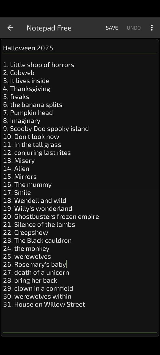 jade_gerena's tweet photo. This is my October 2025 list of horror/Halloween movies and tonight's movie to start off October is The Mummy https://t.co/6iMYt22oid
