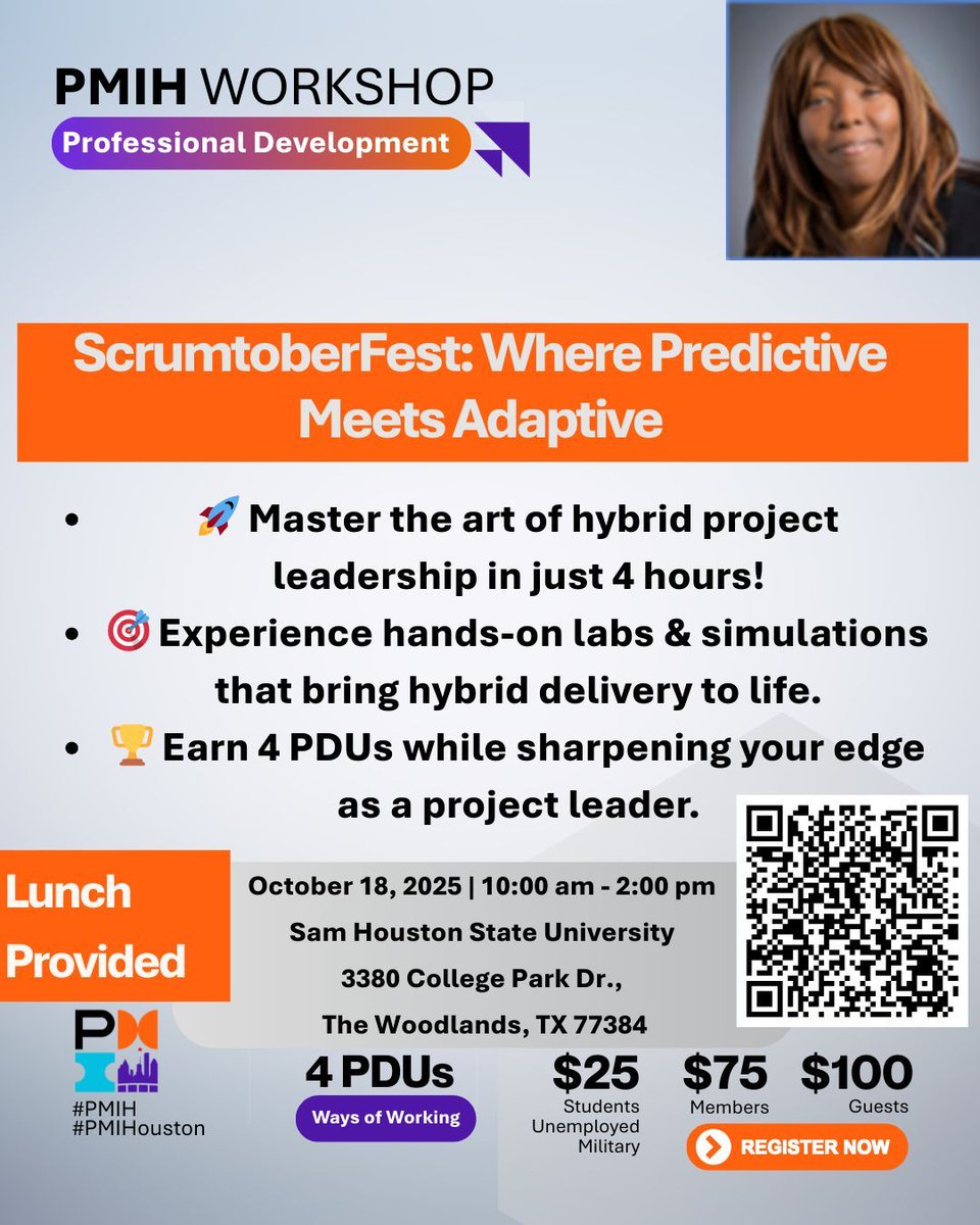 PMIHouston's tweet image. 🎉 Ready for #ScrumtoberFest2025? 🚀
Where predictive meets adaptive in a 4-hour hybrid leadership experience! 🌟
📅 Oct 18 | 🕙 10–2 CST | 📍 The Woodlands
Earn 4 PDUs + level up your project game!
👉 Register: buff.ly/TN4ODGL
#HybridLeadership #AgilePM #PMIH