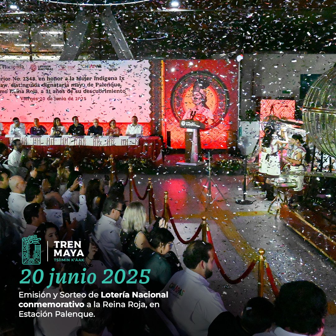 TrenMayaMX's tweet photo. 🎟️ 20 junio 2025
La Lotería Nacional emitió un billete especial de la Reina Roja en la Estación Palenque del Tren Maya.
Un reconocimiento que comparte el sureste con todo México.
#LogrosCompartidos https://t.co/EWKpf7BjiW