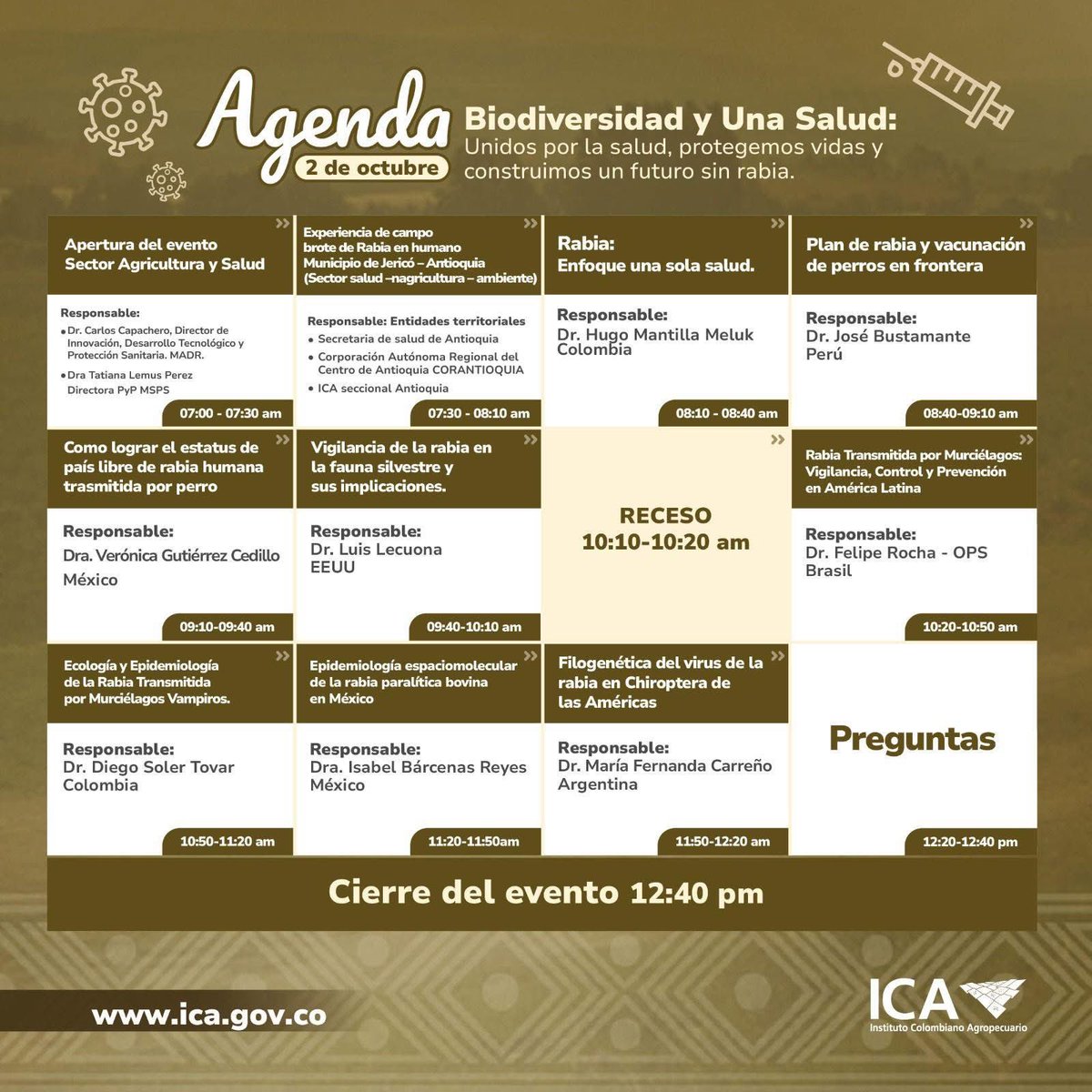 Compartimos invitación del ICA <a href="/ICACOLOMBIA/">ICA Colombia</a>: 🦠🌍 Cada 28 de septiembre el mundo conmemora el Día Mundial de la Lucha Contra la Rabia.

👉 Te invitamos a participar en el evento conmemorativo

🔗 us06web.zoom.us/j/87536547820?…