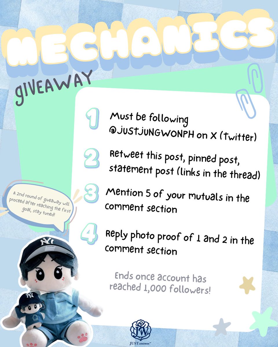 𝗕𝗜𝗚 𝗪𝗢𝗡 𝗦𝗣𝗥𝗘𝗘 

To celebrate our return, we are giving away (1) one 40cm BIG WON Doll once we reached 𝟭,𝟬𝟬𝟬 𝗳𝗼𝗹𝗹𝗼𝘄𝗲𝗿𝘀! 🎊

How to join:
1️⃣ MBF <a href="/JUSTJUNGWONPH/">JUST JUNGWON PH FANBASE</a>
2️⃣ RT this post, pinned post, statement post (links in the thread ⬇️)
3️⃣ Mention 5 of your moots