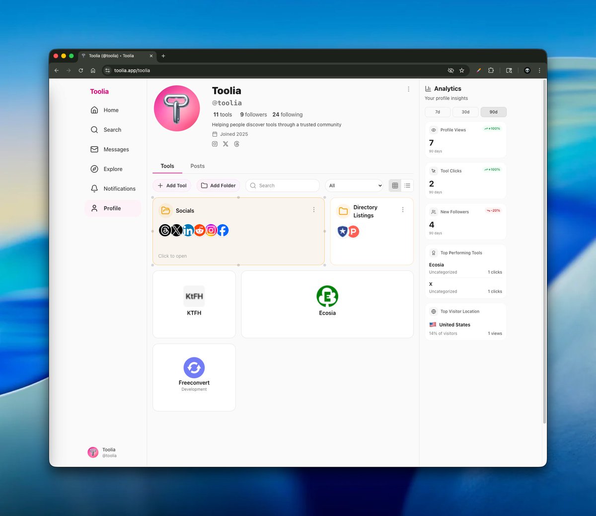 TooliaApp's tweet image. Everyone loves profile analytics. Keep track of your profile views, tool clicks, followers, and more right from your profile page.