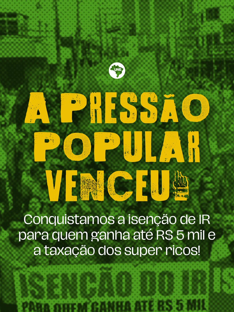 A PRESSÃO POPULAR VENCEU 🗣️

Hoje a Câmara dos Deputados aprovou duas mudanças históricas: isenção do Imposto de Renda para quem ganha até R$ 5 mil e a taxação dos super-ricos.

Essa conquista não caiu do céu!Foi resultado da mobilização de milhares de brasileiros e brasileiras