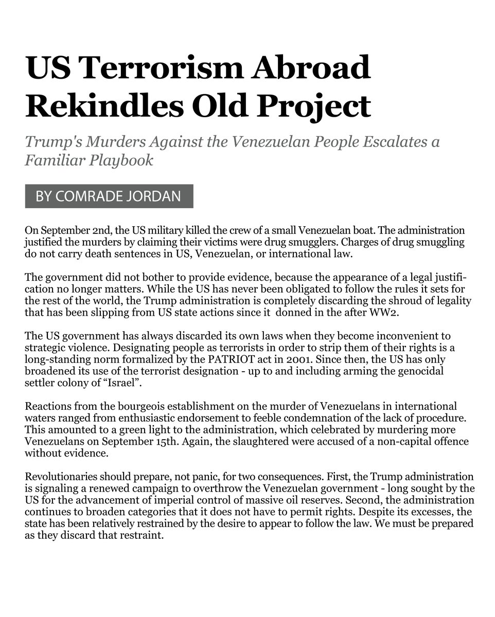 The October issue features two pieces reflecting on recent political violence, a note on Ian Robert’s and ICE, a farewell to Assata Shakur, Rest in Power, what u.s. bombing of the Venezuelan boat means, and imperialism.
Use the link below to read and download the 11x17 pdf.
