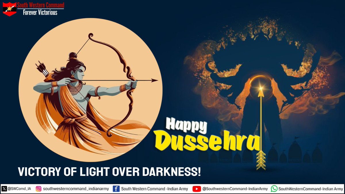 SWComd_IA's tweet image. Celebrate victory of virtue

#LtGenManjinderSingh, #ArmyCommander, #SaptaShaktiCommand extends warm greetings to All Ranks, Veterans, Defence Civilian employees and families of #SaptaShaktiCommand on the occasion of #Dussehra. 

#IndianArmy

@adgpi 
@HQ_IDS_India…