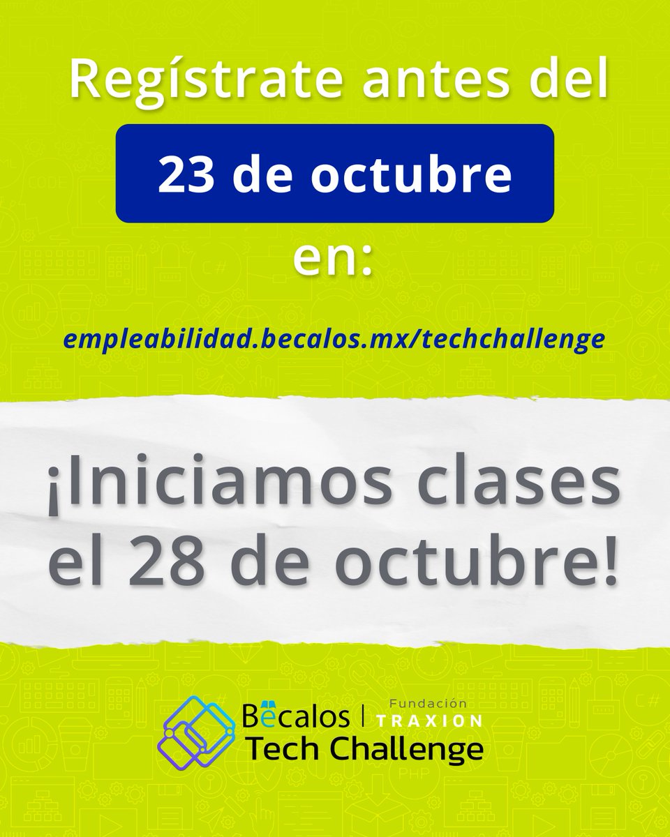 FTraxion's tweet image. Hoy arrancamos una alianza que nos emociona. Fundación TRAXION y @becalosmx, en alianza con @devflatam, suman esfuerzos a favor de oportunidades reales de formación y empleo.

¡Te invitamos a participar en #TechChallenge2025! Entra al siguiente link y acelera tu talento en…