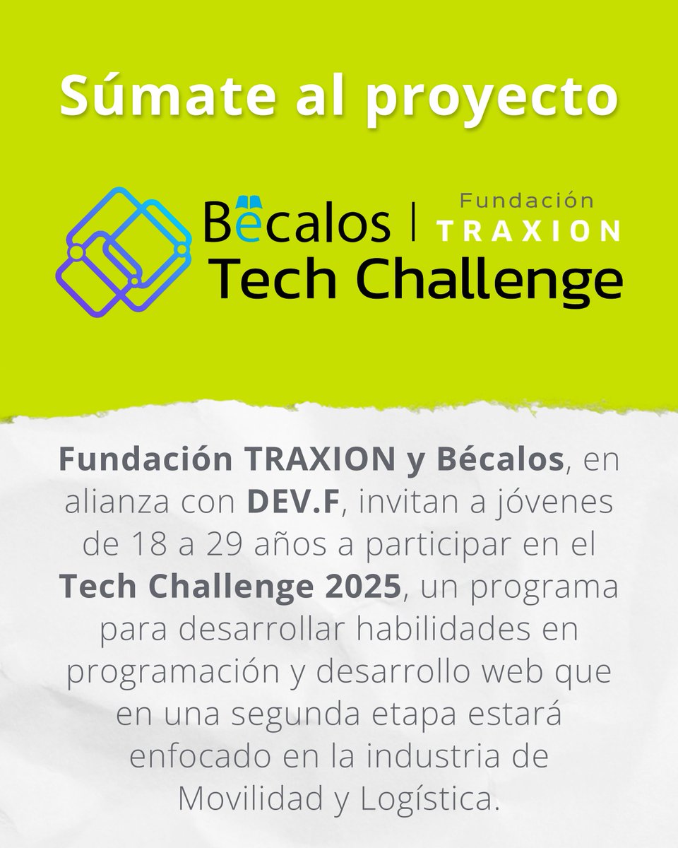 FTraxion's tweet image. Hoy arrancamos una alianza que nos emociona. Fundación TRAXION y @becalosmx, en alianza con @devflatam, suman esfuerzos a favor de oportunidades reales de formación y empleo.

¡Te invitamos a participar en #TechChallenge2025! Entra al siguiente link y acelera tu talento en…