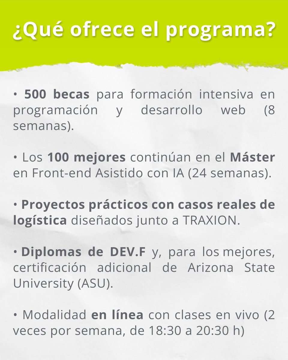 FTraxion's tweet image. Hoy arrancamos una alianza que nos emociona. Fundación TRAXION y @becalosmx, en alianza con @devflatam, suman esfuerzos a favor de oportunidades reales de formación y empleo.

¡Te invitamos a participar en #TechChallenge2025! Entra al siguiente link y acelera tu talento en…