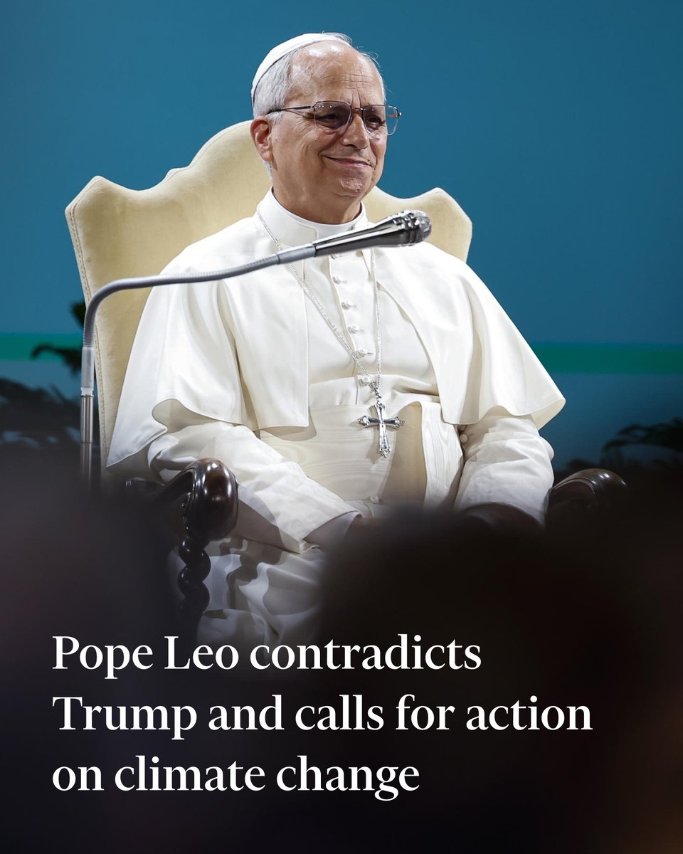 FT's tweet image. The leader of the Catholic church said there was 'no room for indifference or resignation', just days after the US president described climate change as a 'con job' on.ft.com/4nqPfoZ