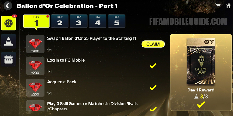 fcmobileguide's tweet image. Little tips so you don&apos;t have to buy a Ballon d&apos;Or player:

1⃣ Complete the 3 tasks to claim the Ballon d&apos;Or pack.
2⃣ Swap the Ballon d&apos;Or player from that pack into your starting XI to finish the 4th task.